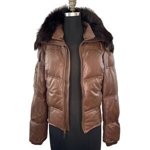 Ralph Lauren Black Label Brown Puffer Jacket Leather Shearling Fur Size Medium M